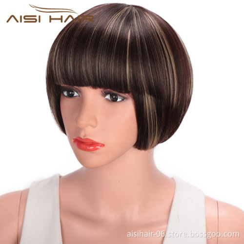 Aisi Hair Short Straight Bob Wigs Heat Resistant Synthetic Fiber Brown Blonde  Mixed Colors Short Bob Wigs with Neat Bangs